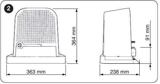 Rysunek wymiarowy NICE ROBO1000: szerokość 363 mm, głębokość 238 mm, wysokość 364 mm