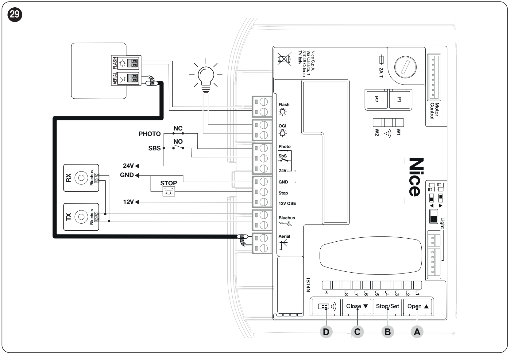 Oryginalny schemat połączeń SPIDER800W – fotokomórki, sterowanie, STOP, lampa ostrzegawcza i antena